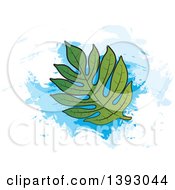 Poster, Art Print Of Breadfruit Leaf Over Blue Paint Strokes