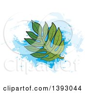 Clipart Of A Breadfruit Leaf Over Blue Paint Strokes Royalty Free Vector Illustration
