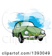 Poster, Art Print Of Green Vw Slug Bug Car Over Blue Paint Strokes