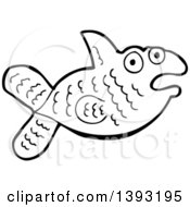 Clipart Of A Cartoon Black And White Lineart Fish Royalty Free Vector Illustration