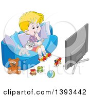 Cartoon Blond White Boy And Cat Sitting On A Couch And Watching Tv