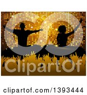 Poster, Art Print Of Silhouetted Male And Female Djs Over Hands In A Crowd And Gold Mosaic