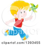 Poster, Art Print Of Happy Blond Caucasian Boy Running And Playing With A Pinwheel