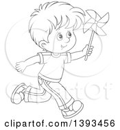 Cartoon Black And White Lineart Happy Boy Running And Playing With A Pinwheel