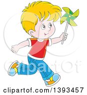 Cartoon Happy Blond White Boy Running And Playing With A Pinwheel