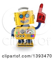 3d Yellow Robot Wearing A Number One Foam Finger On A White Background