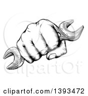 Clipart Of A Retro Black And White Woodcut Or Engraved Fisted Hand Holding A Spanner Wrench Royalty Free Vector Illustration
