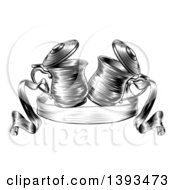 Clipart Of Black And White Woodcut Or Engraved Beer Steins Or Tankards Chinking Together In A Toast Over A Ribbon Banner Royalty Free Vector Illustration by AtStockIllustration