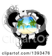 Poster, Art Print Of Black Silhouetted Womans Head Thinking Of Vacation With A Hole Showing A 3d Tropical Beach