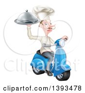 White Male Chef With A Curling Mustache Holding A Platter On A Delivery Scooter