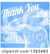 Poster, Art Print Of Transparent Silhouetted Saluting Soldier Over A Blue Sky And Ray Background With Thank You Text