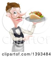 Clipart Of A Cartoon Caucasian Male Waiter With A Curling Mustache Holding A Kebab Sandwich On A Tray And Pointing Royalty Free Vector Illustration by AtStockIllustration