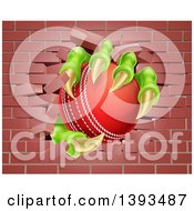 Poster, Art Print Of Monster Claws Holding A Cricket Ball And Breaking Through A Brick Wall