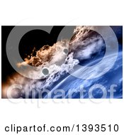 Poster, Art Print Of Background Of 3d Fictional Planets Over A Larger One And Clouds