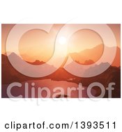 Clipart Of A 3d Mountainous Landscape With A Sunset Over A Lake Royalty Free Illustration