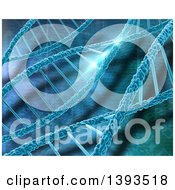 Clipart Of A Background Of A 3d DNA Strands On Blue Binary Code Royalty Free Illustration