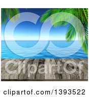 Poster, Art Print Of 3d Aged Wood Deck Against A Blurred View Of Palm Trees And The Ocean