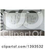 Clipart Of A 3d Room Interior With Wood Floors And Blank Picture Frames On A White Stone Wall Royalty Free Illustration by KJ Pargeter