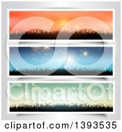 Poster, Art Print Of Orange Blue And Green Sky Website Banners With Silhouetted Grass On Gray