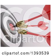Poster, Art Print Of Closeup Of A 3d Target With Three Darts In The Bulls Eye On A Shaded Background
