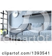 Clipart Of A 3d Room Interior With A Sofa Shelf Wall Clock And Vase On Wood Flooring Royalty Free Illustration by KJ Pargeter