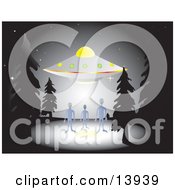 Three Aliens Standing Near A Hovering UFO In A Forest At Night Clipart Illustration