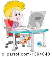 Poster, Art Print Of Cartoon Blond Caucasian Boy Using A Desktop Computer
