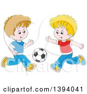 Poster, Art Print Of Cartoon White Boys Playing Soccer