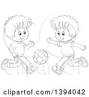 Poster, Art Print Of Cartoon Black And White Lineart Boys Playing Soccer