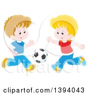 Poster, Art Print Of Cartoon Caucasian Boys Playing Soccer