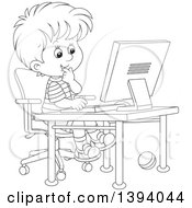 Poster, Art Print Of Cartoon Black And White Lineart Boy Using A Desktop Computer