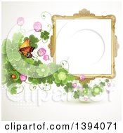 Poster, Art Print Of Blank Ornate Picture Frame With A Butterfly And Clovers