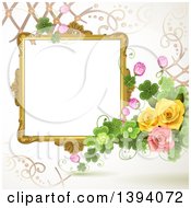 Clipart Of A Blank Ornate Picture Frame With Text Space Clovers And Roses Royalty Free Vector Illustration