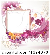 Clipart Of A Blank Ornate Picture Frame With Text Space Purple Clovers And Roses Royalty Free Vector Illustration