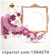 Poster, Art Print Of Blank Ornate Picture Frame With Text Space A Butterfly And Purple Clovers