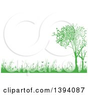 Nature Background Of Green Silhouetted Trees Weeds Grass And Butterflies With Text Space