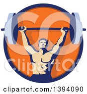 Retro Male Bodybuilder Holding A Heavy Barbell Over His Head Inside A Blue And Orange Circle
