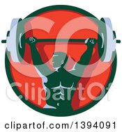 Poster, Art Print Of Retro Male Bodybuilder Holding A Heavy Barbell Over His Head In A Green And Red Circle