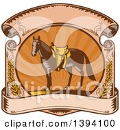 Poster, Art Print Of Retro Woodcut Horse With A Western Saddle In A Sunset Scroll