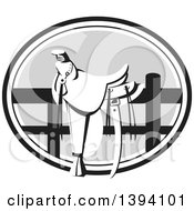 Clipart Of A Retro Western Saddle On A Fence In A Grayscale Oval Royalty Free Vector Illustration by patrimonio