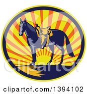 Retro Woodcut Horse With A Western Saddle In A Sunset Oval