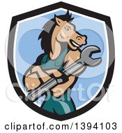 Poster, Art Print Of Cartoon Horse Man Mechanic With Folded Arms Holding A Spanner Wrench In A Black White And Blue Shield