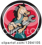 Poster, Art Print Of Cartoon Horse Man Mechanic With Folded Arms Holding A Spanner Wrench In A Black White And Red Circle