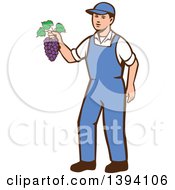 Poster, Art Print Of Retro Caucasian Farmer Boy Holding Purple Grapes