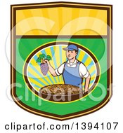 Clipart Of A Retro Caucasian Farmer Boy Holding Purple Grapes Over A Bowl Of Raisins In A Sunny Oval On A Shield Royalty Free Vector Illustration