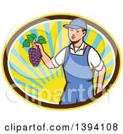Poster, Art Print Of Retro Caucasian Farmer Boy Holding Purple Grapes In A Sunny Oval