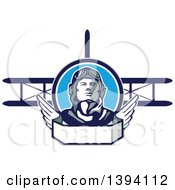 Clipart Of A Retro World War One Male Pilot Aviator Looking Up Over A Wing Banner And Biplane Royalty Free Vector Illustration