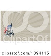 Poster, Art Print Of Knight In Metal Armour Carrying An American Flag And Taupe Rays Background Or Business Card Design