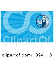 Clipart Of A Retro Male Mechanic Holding A Giant Wrench Over His Shoulder And Blue Rays Background Or Business Card Design Royalty Free Illustration