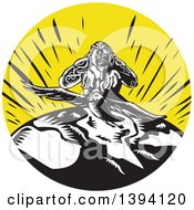Clipart Of A Retro Woodcut Samoan God Tagaloa Sending His Plover Bird Daughter Down To The Earth To Populate Royalty Free Vector Illustration